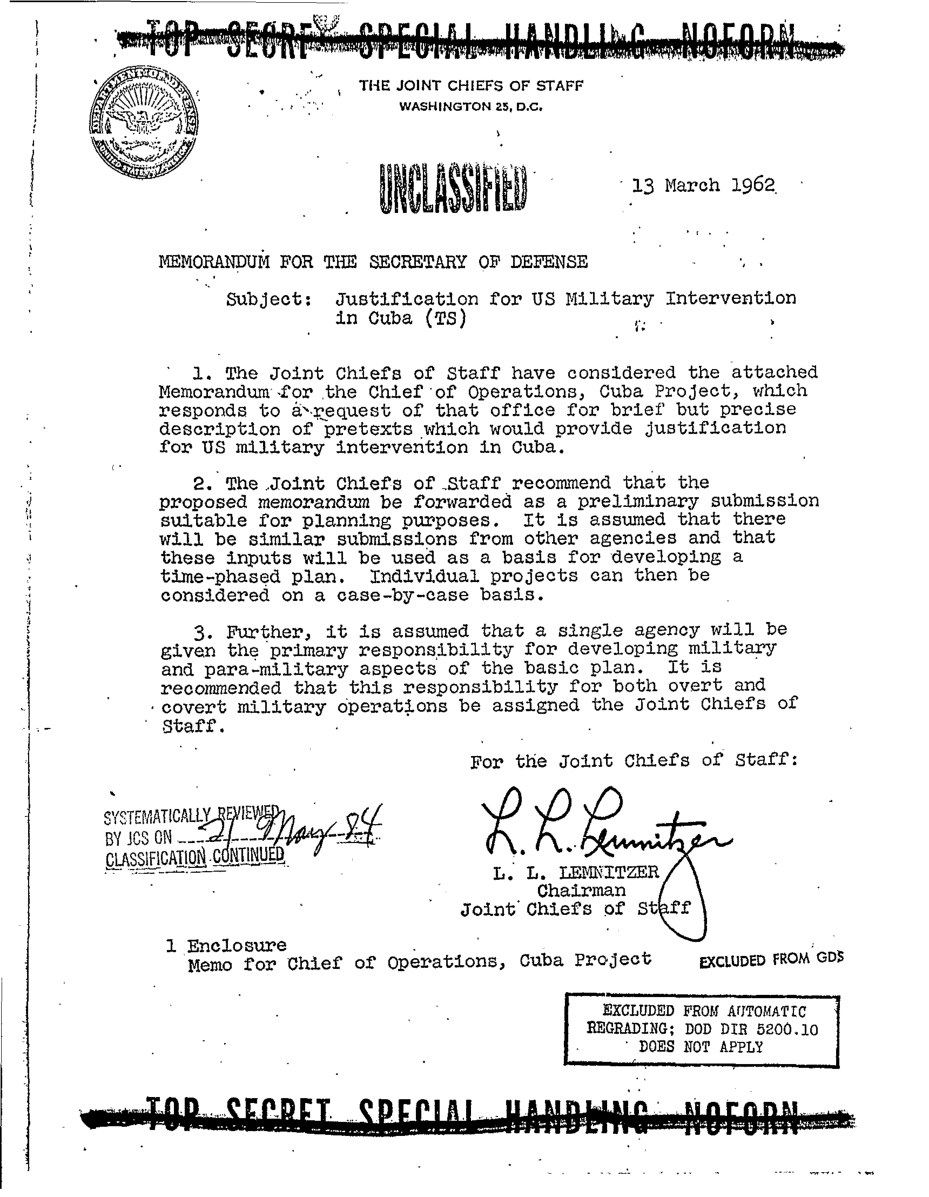 Lemnitzer memorandum to the Secretary of Defense,13 March1962